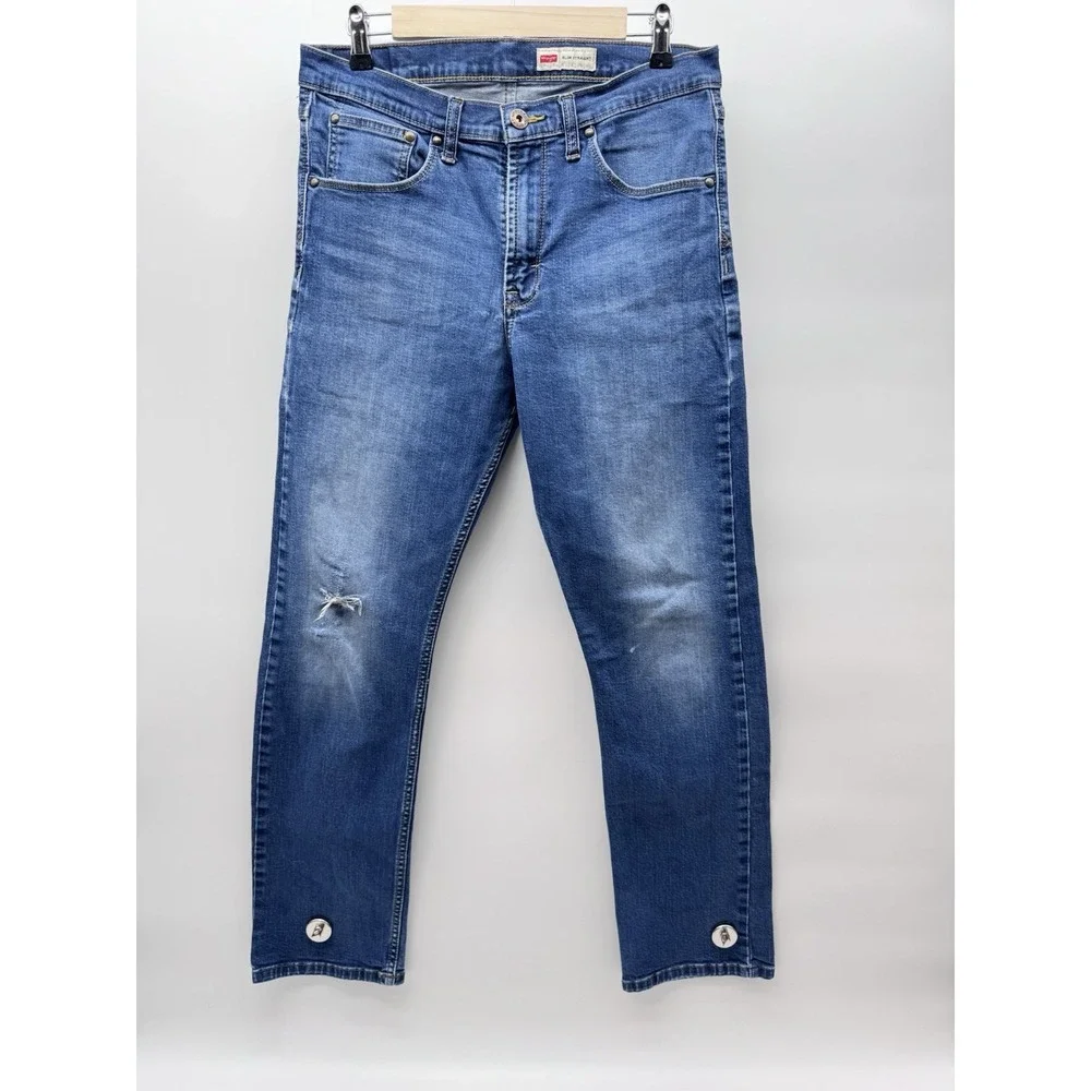 Wrangler Slim Straight Jeans Mens 33x32 Distressed Blue Stretch Denim
